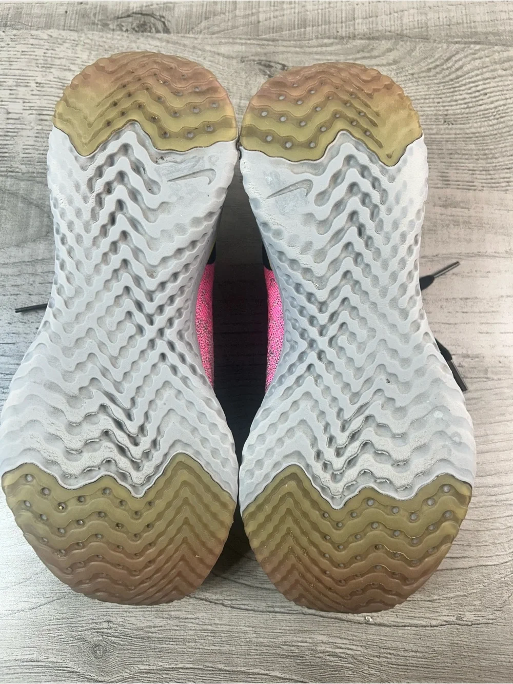 Nike women’s Epic React Flyknit 10.5Pink Black Running Sneakers with Yellow Heel